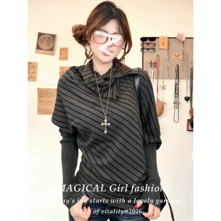 韩系高级感不规则长袖t恤女款2026新款春秋季蝙蝠袖针织条纹上衣