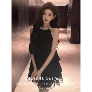 miu系千金风珍珠挂脖连衣裙女士夏季高级感气质名媛小礼服蛋糕裙