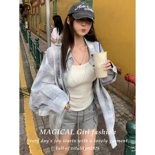 韩系穿搭绝美长袖格子衬衫上衣女