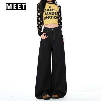 慵懒风深蓝宽松高腰阔腿牛仔裤女