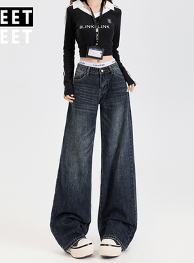 复古蓝灰加绒直筒牛仔裤女秋冬新款宽松显瘦显高百搭休闲阔腿裤子