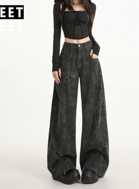 黑色印花工装牛仔裤女秋季新款小众设计感高腰宽松百搭弯刀阔腿裤