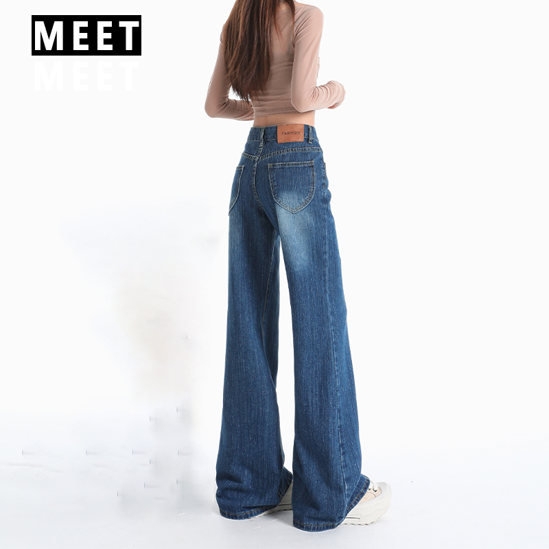 深蓝中腰宽松不贴腿微辣牛仔裤女