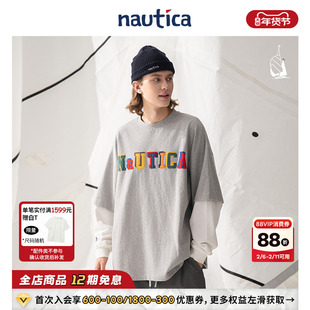 【官方正品】nautica白帆 日系中性假两件宽松长袖圆领T恤TW3319