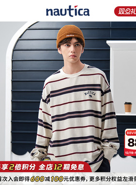 【蔡徐坤同款】nautica白帆 日系中性撞色条纹长袖圆领T恤TW5322