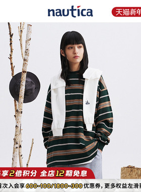 【明星同款】nautica白帆日系中性纯棉宽松海魂条纹圆领T恤TW3323