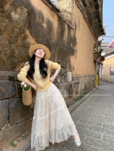 外套毛衣 重工温柔开衫 陈可爱 黄色蕾丝拼接马海毛羊毛针织开衫