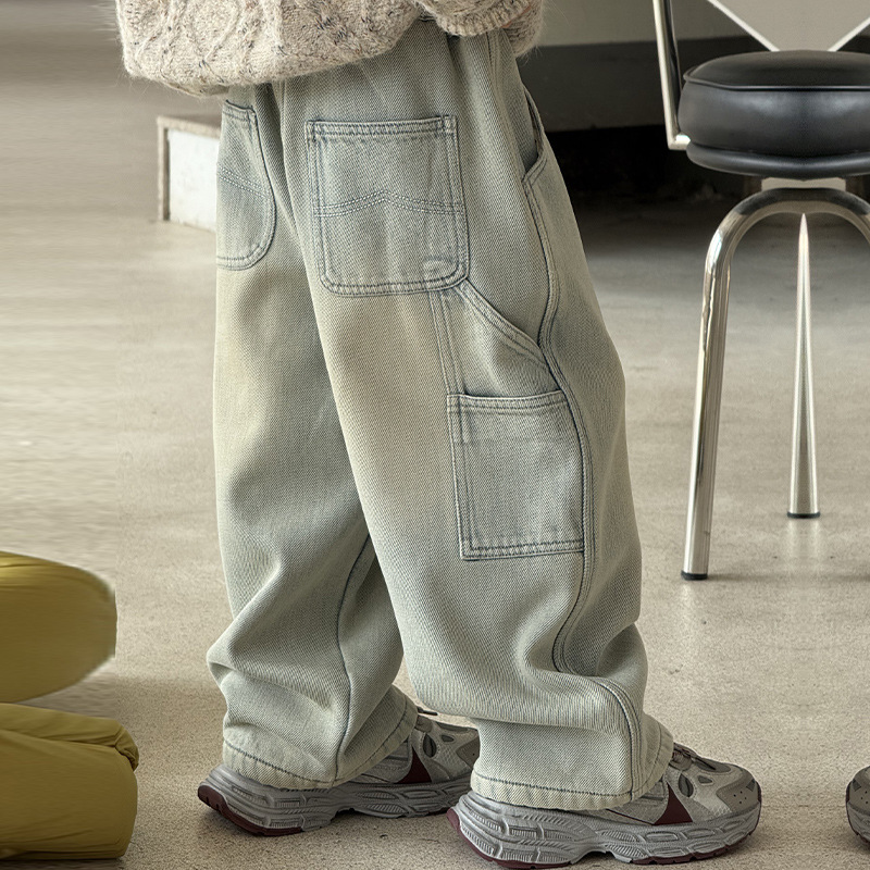 253711儿童冬季洋气潮流百搭加绒牛仔宽松休闲长裤