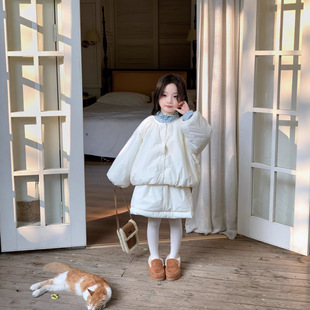 女童棉袄2025新款冬季洋气时髦短款棉服儿童花苞外套短裙夹棉裙子