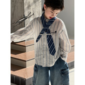 长袖 男女童春季 撞色条纹韩版 个性 儿童衬衫 领带休闲衬衫 2026潮新款