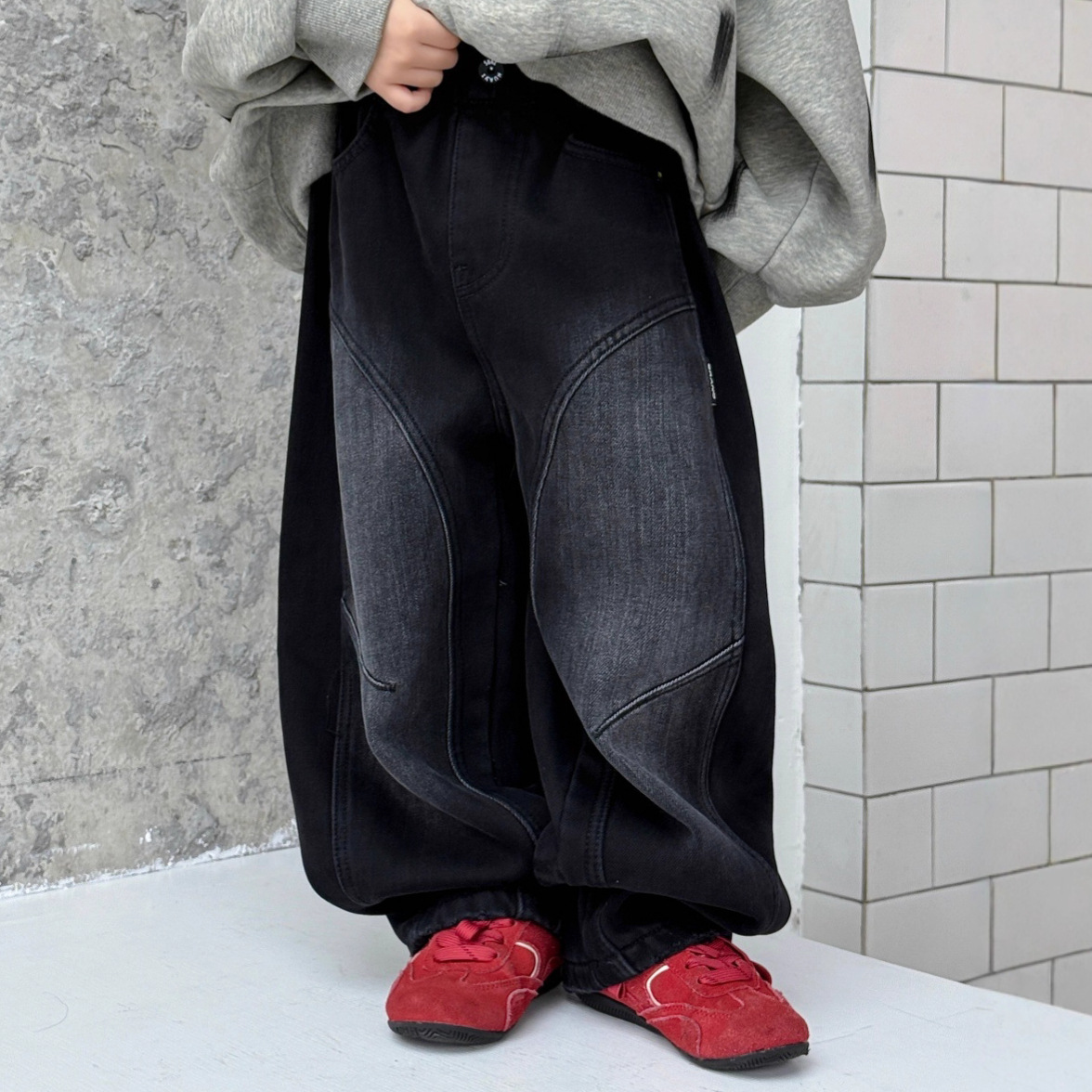 儿童牛仔裤弯刀裤冬季加绒加厚长裤男童中大童美式复古直筒裤洋气