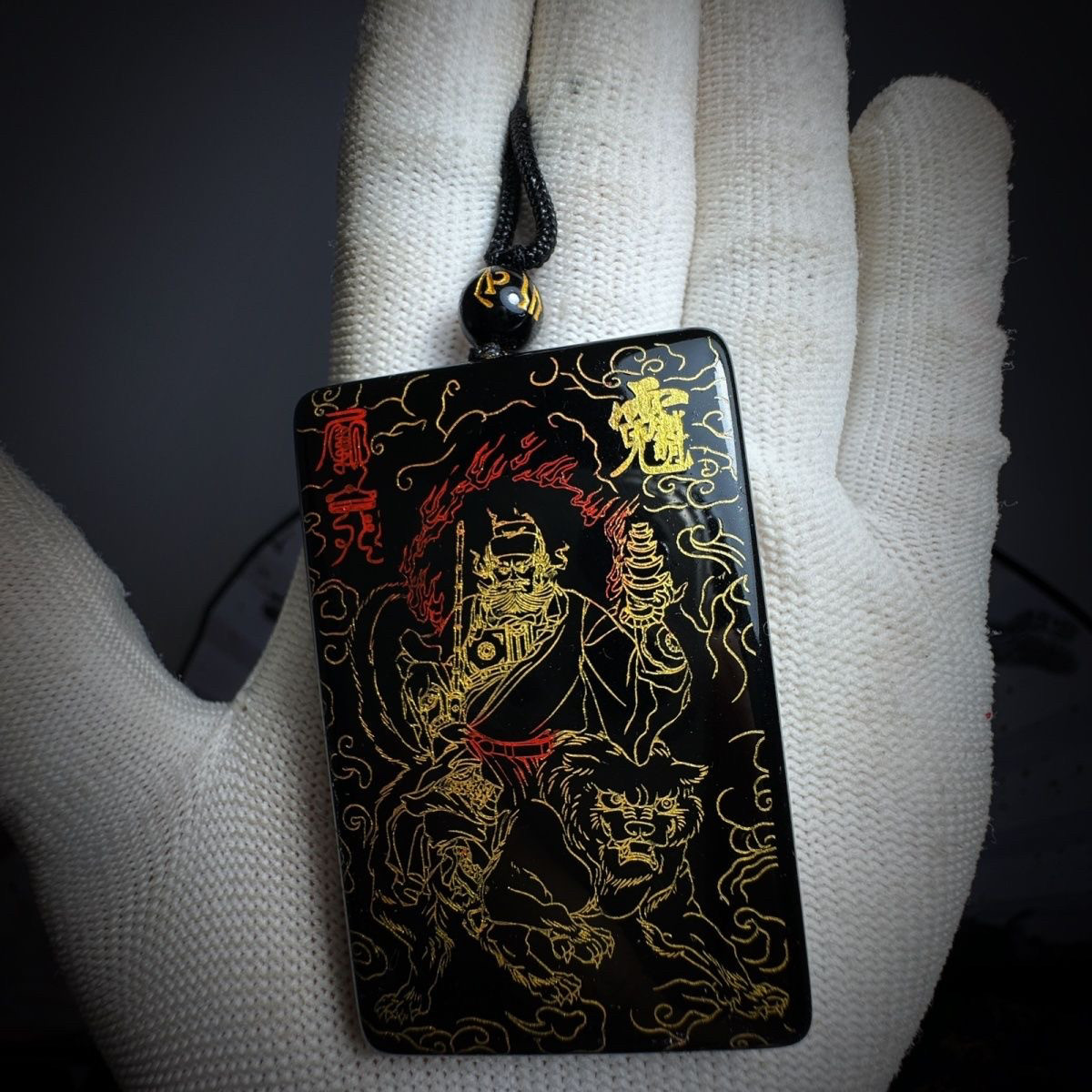 黑曜石无事牌吊坠雕刻财神赵公明项链手工招财玉牌定制吊坠送礼