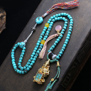 藏式文玩铜镀金扎基拉姆外壳绿度母唐卡吊坠毛衣链松石项链锁骨链