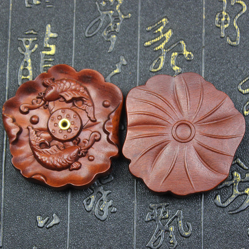 雷击枣木香插摆件枣木莲花荷叶双鱼香插摆件实木道家手把件枣木