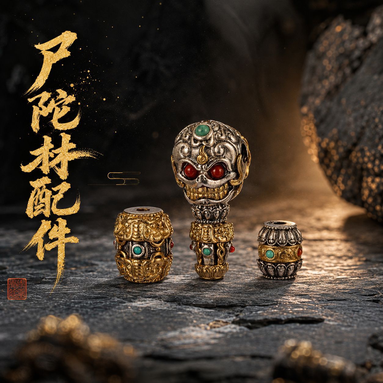 S925 银尸陀林主三通佛头藏传文玩配饰银铜分色镶嵌绿松南红