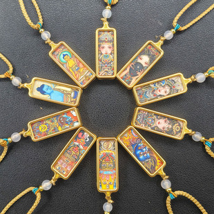 手绘描金1*3小唐卡扎基拉姆前世今生吊坠黄财神挂件 药师佛送