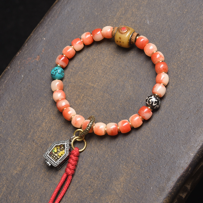 天然半血骆驼骨文玩手串单圈牦牛骨玛瑙天珠根付料器阿呆配饰