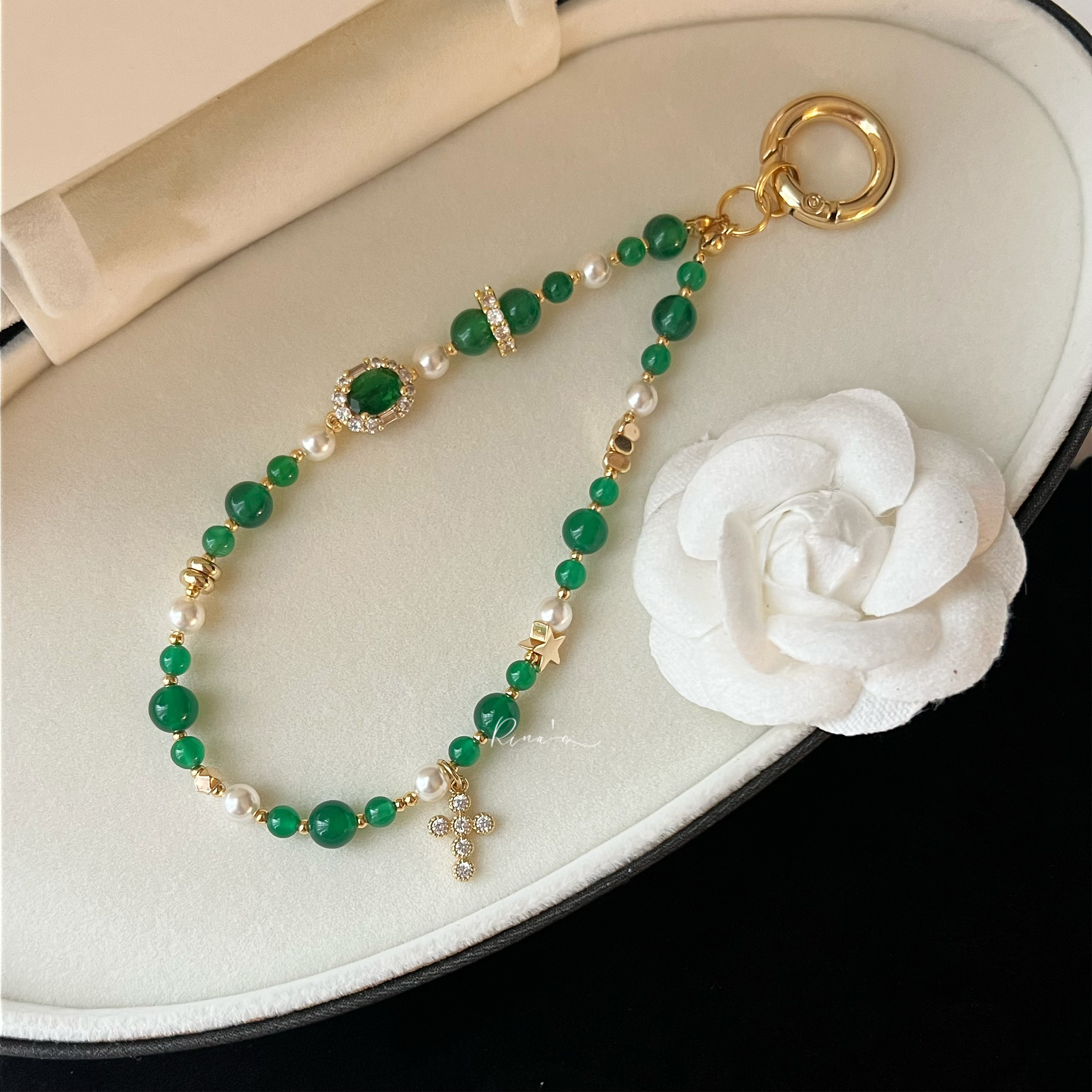 玛瑙星环人造珍珠优雅女款手工手机链手机壳挂绳U盘挂饰防丢饰品