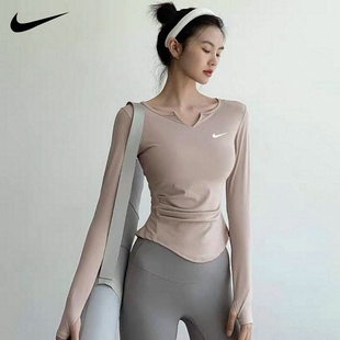 nike耐克健身服长袖t恤女修身显瘦V领瑜伽服跑步速干透气运动上衣