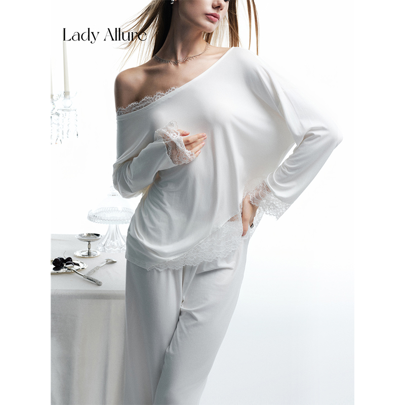 「LA」白月美人*原创蕾丝花边斜肩美背睡衣秋冬款修身家居服