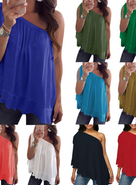 Sloping Shoulder Elastic Adjustable T-Shirt Top斜肩可调节T恤