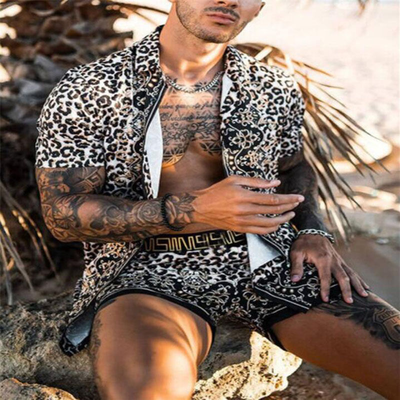 NewLeopard Print Lapel Short Sleeve Suit豹纹印花翻领短袖套装