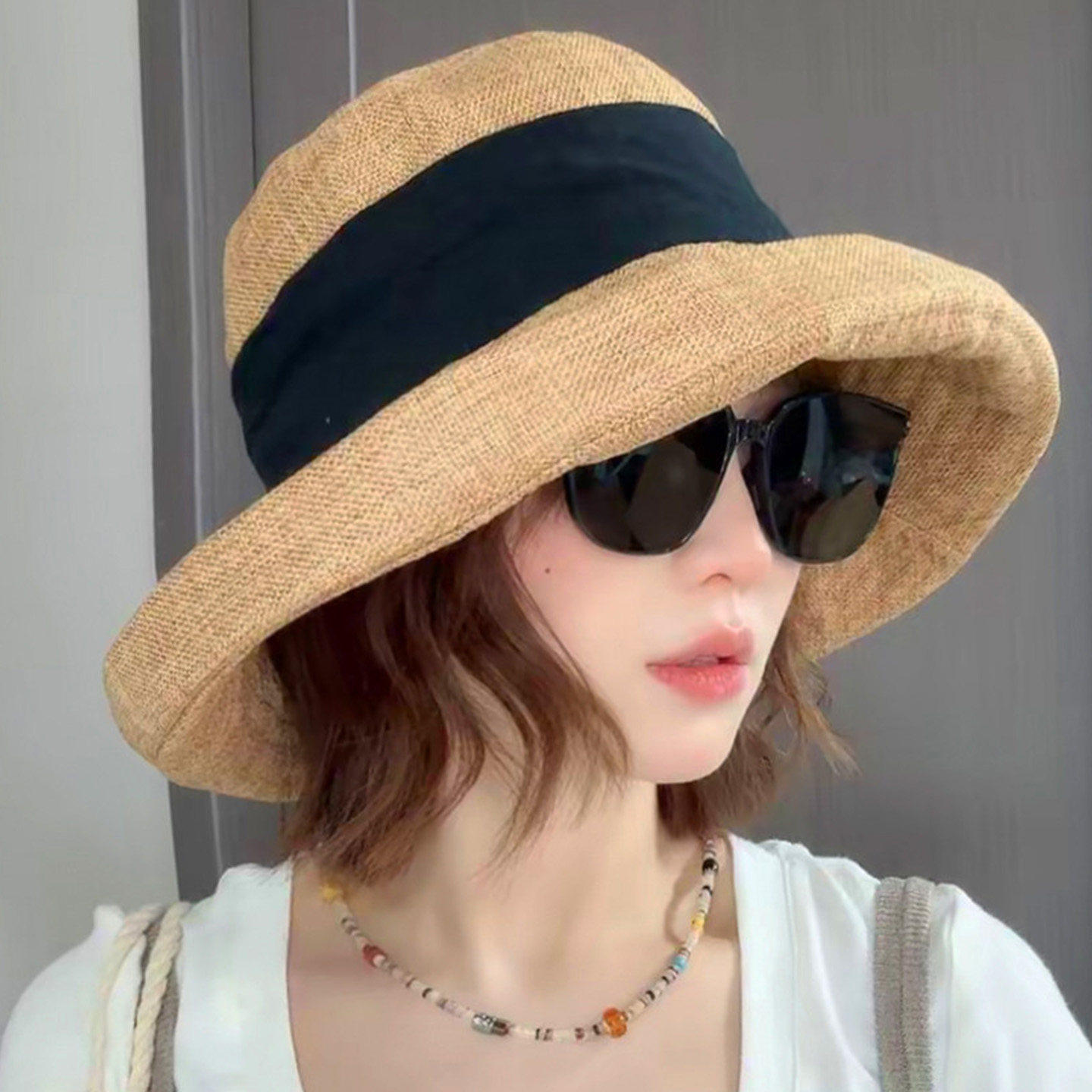 夏季亚麻大帽檐渔夫帽女士2026新款帽子户外透气遮阳防晒帽遮阳帽