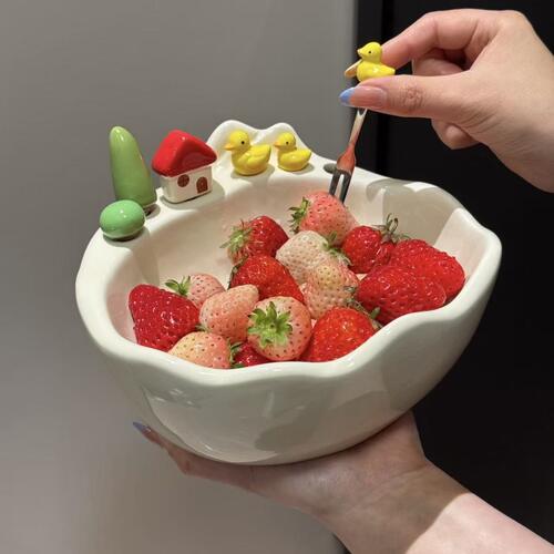 可爱小黄鸭陶瓷水果叉盘家用304水果叉套装客厅奶油风零食水果碗