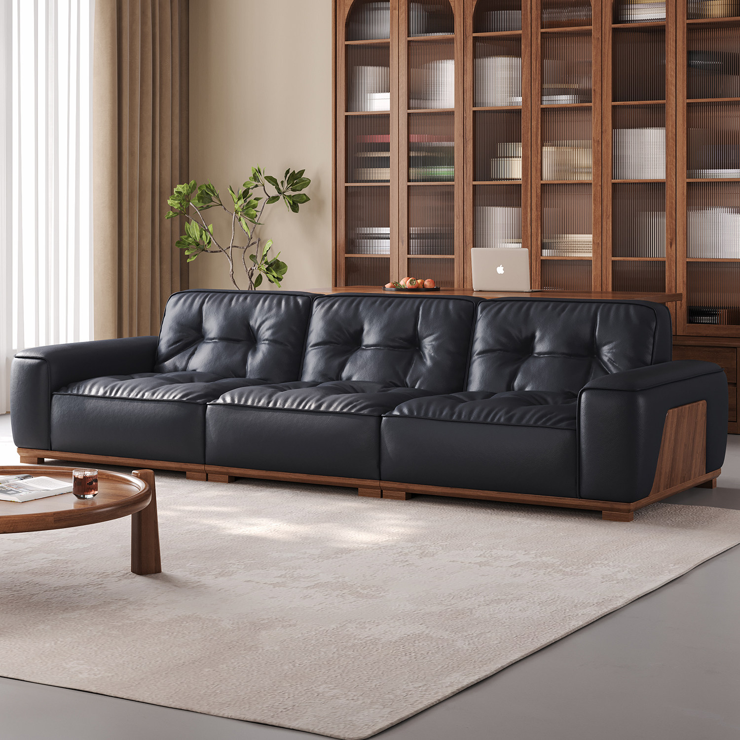 26新款黑金刚头层牛皮真皮沙发全实木黑胡桃木意式极简客厅沙发