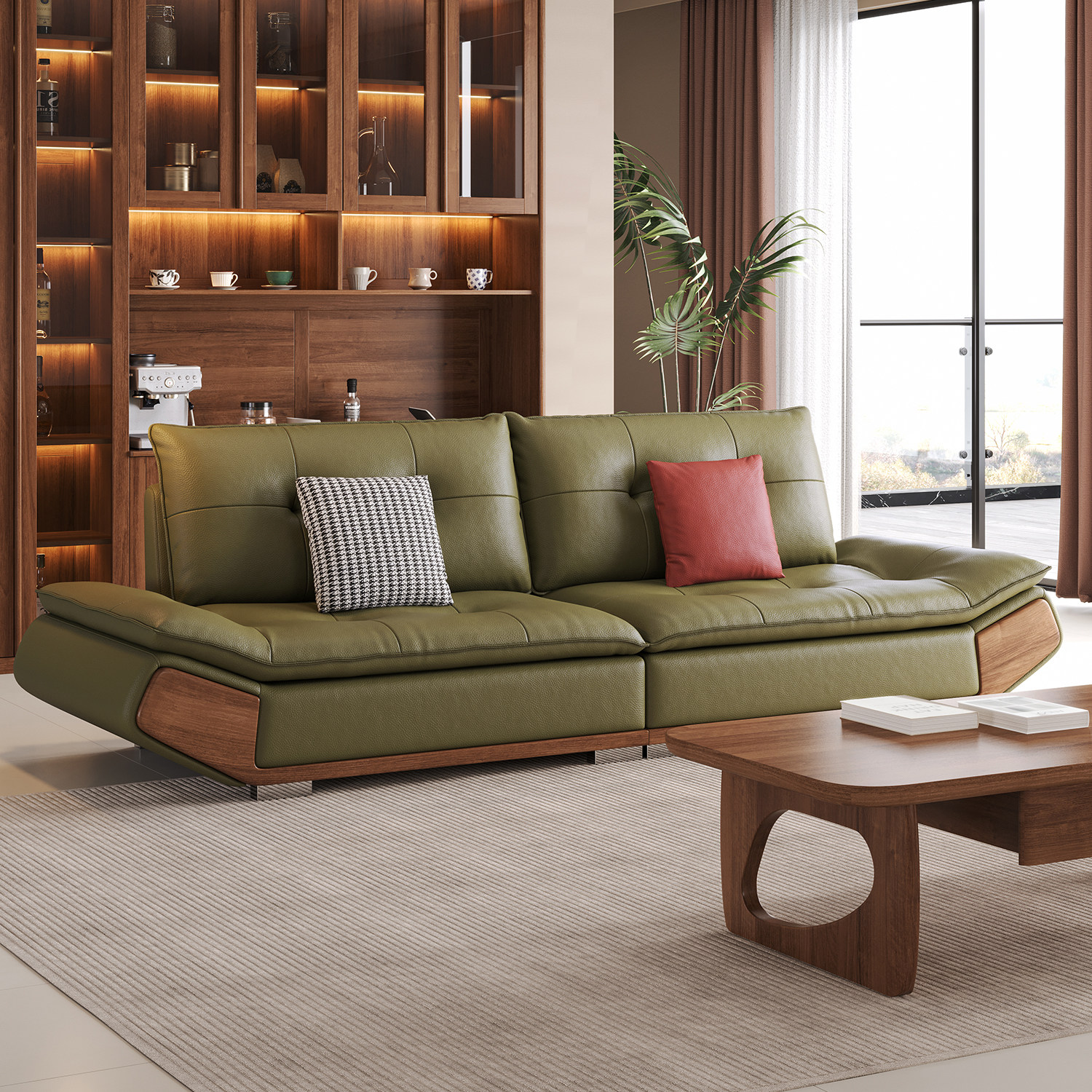 26新款大帆船头层牛皮真皮沙发全实木黑胡桃木意式极简客厅沙发