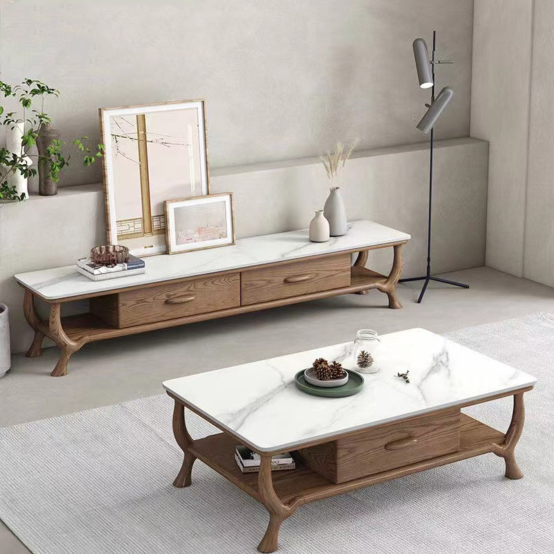 岩板茶几电视柜新款实木大理石现代简约白蜡木新中式北欧风格地柜