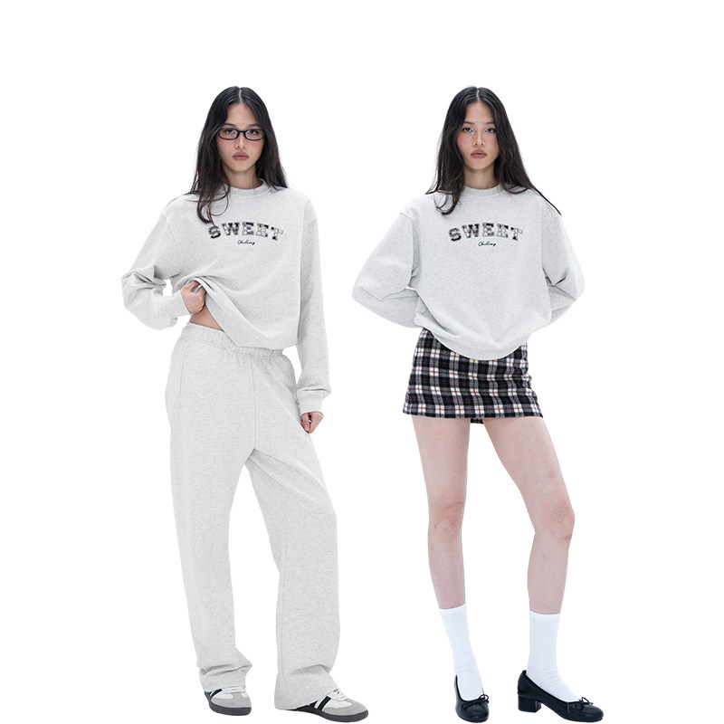 SweetChilling格子贴布绣学院感卫衣长裤套装