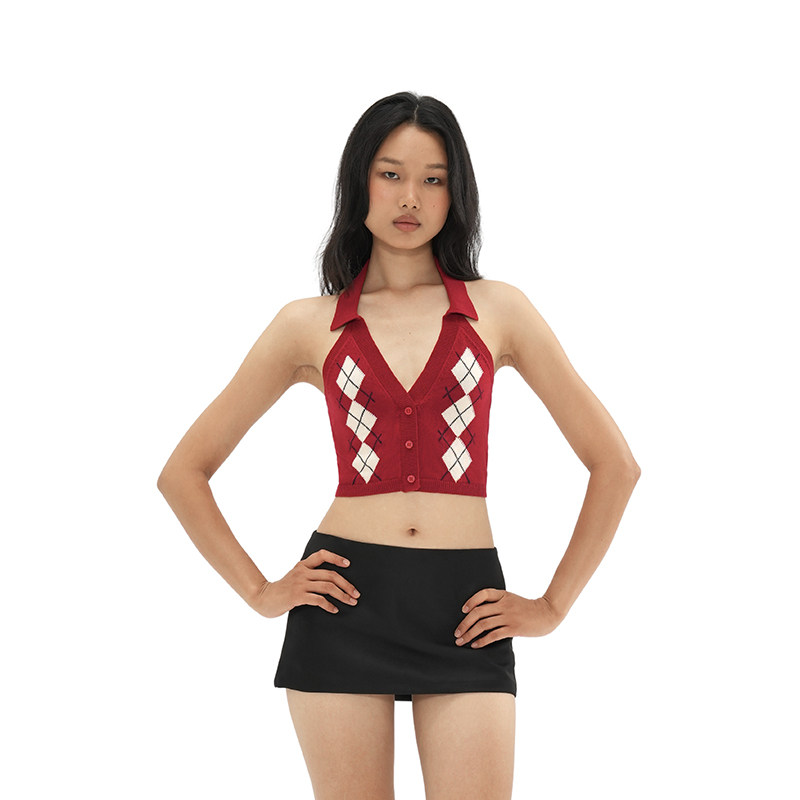 SweetChilling26夏格纹提花挂脖无袖小上衣