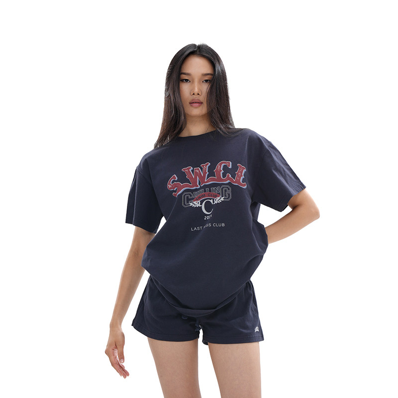 SweetChilling25夏美式做旧印花大廓形显瘦T恤刺绣短裤套装