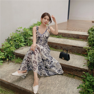 RM20185#轻奢V领雪纺超仙海边度假长裙气质显瘦印花系带吊带长裙
