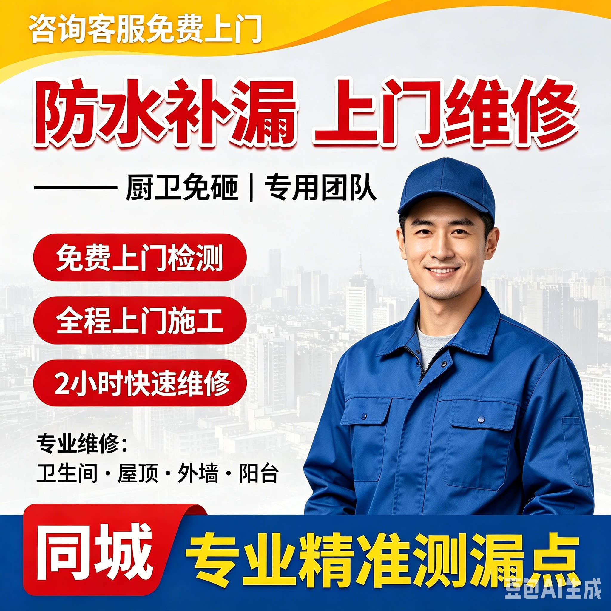 同城外墙屋顶防水补漏施工 卫生间厨房飘窗渗水 漏水检测维修服务