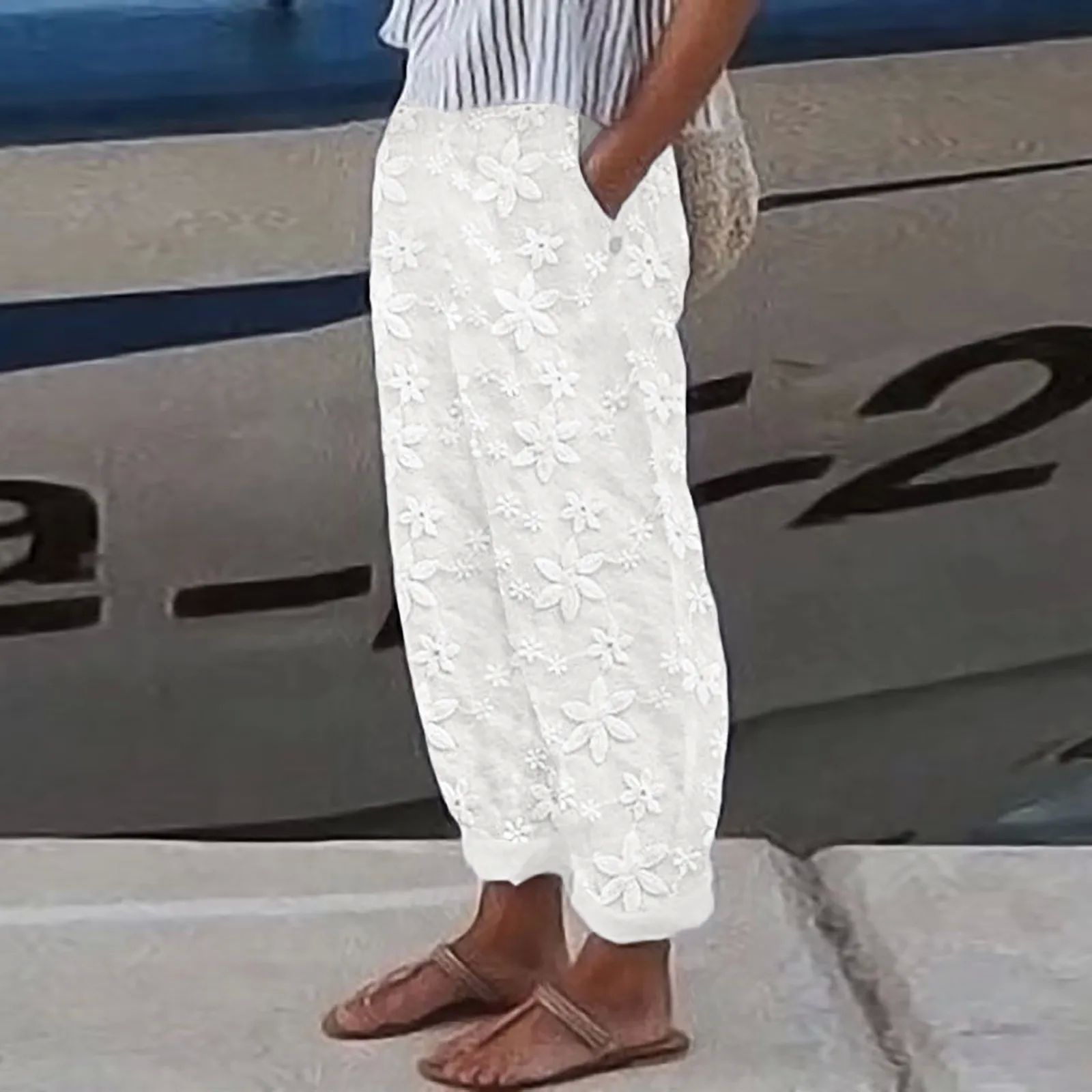 High waisted loose embroidered pants女士高腰宽松绣工艺花长裤