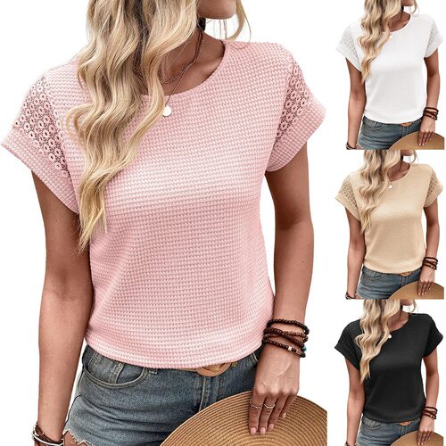 女式圆领蕾丝镂空上衣   Women's round neck lace hollow top