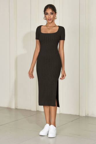 Square neck side slit short sleeved dress 方领开叉短袖连衣裙