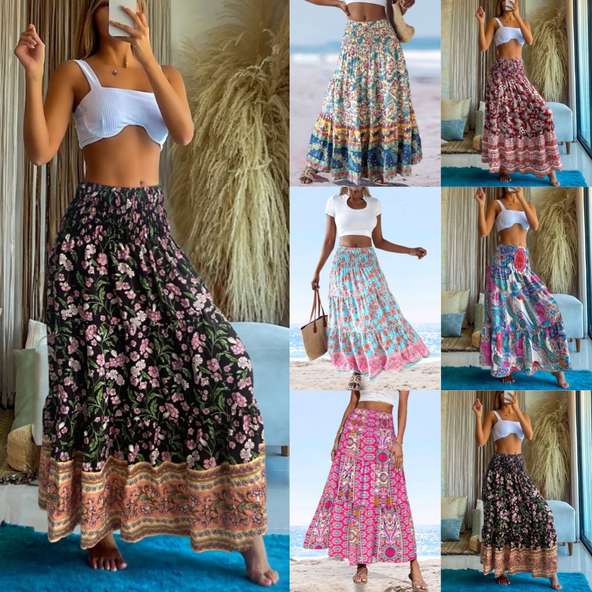 High waisted elastic waisted loose fitting skirt松紧腰半身裙