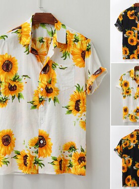 Summer men sunflower print casual beach shirt向日葵印花衬衫