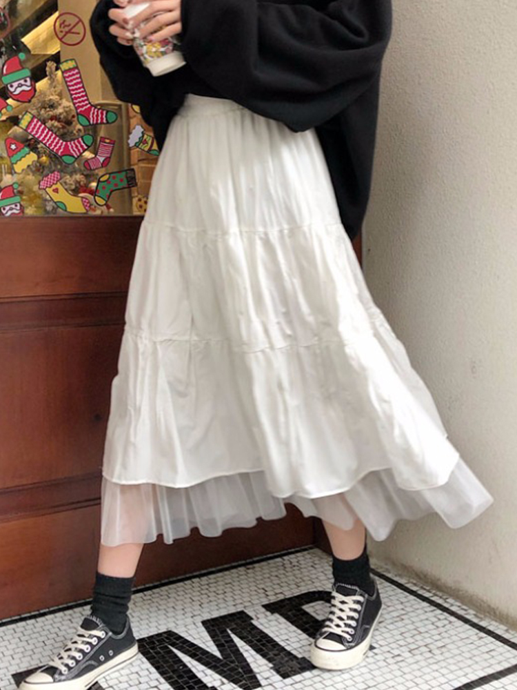 Solid Mesh Panel Elastic Waist Skirt纯色网眼拼接弹力腰中长裙
