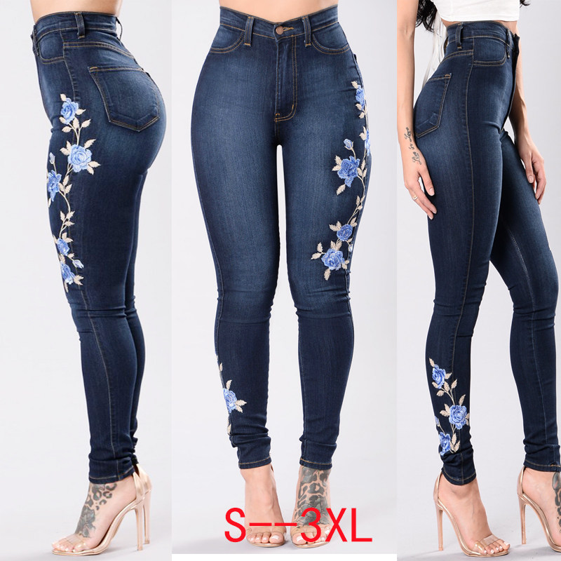 women embroidered pencil denim trousers 女式绣花小脚牛仔长裤