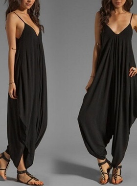 V-neck sexy suspender halter jumpsuit wide-leg pants连体裤