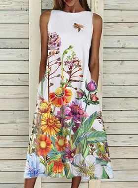 Printed round neck sleeveless dress印花圆领无袖宽松连衣裙女