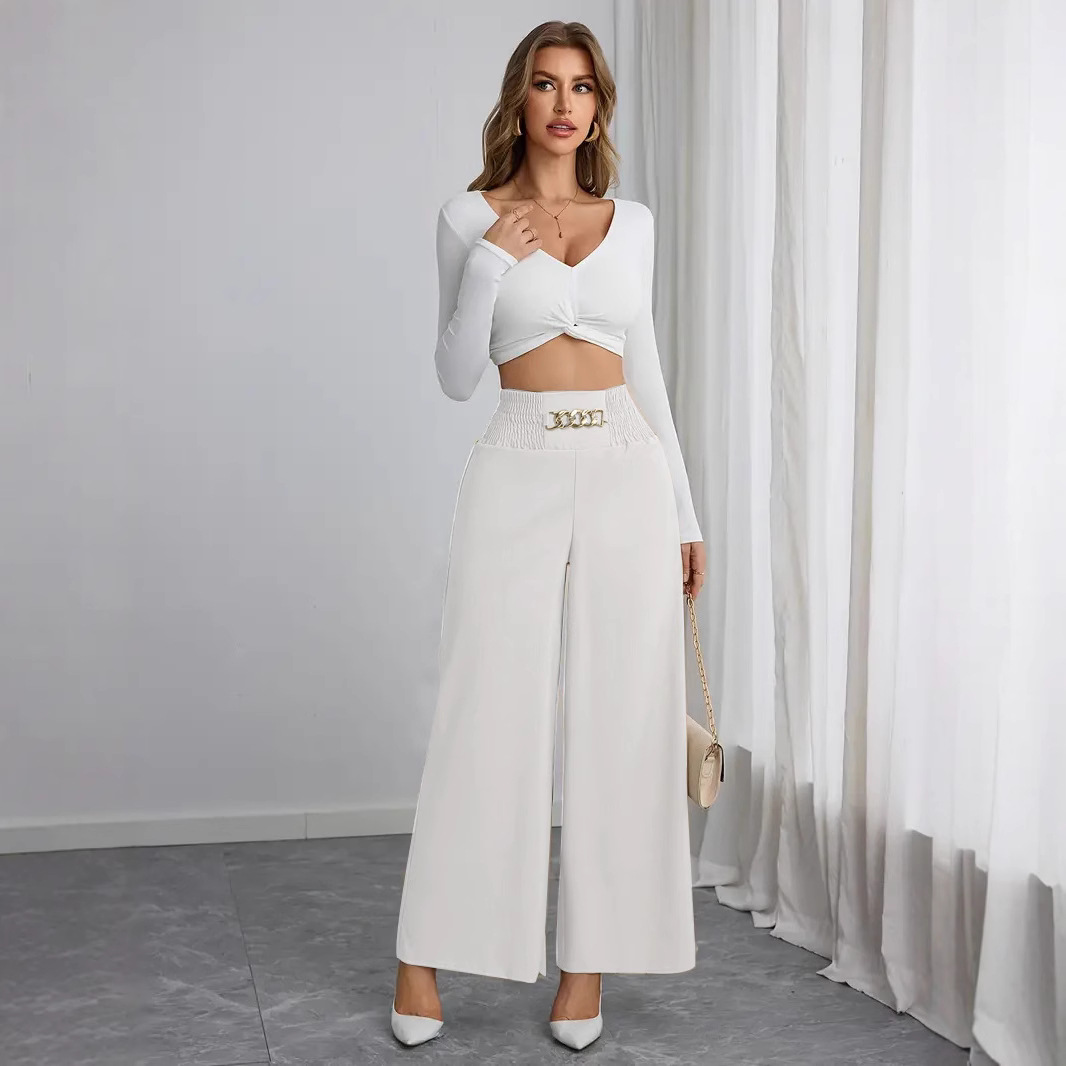 High waisted solid color wide leg pants 休闲高腰纯色阔腿裤女