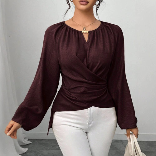 圆领绑带长袖上衣女Round neck tied long sleeved top for women