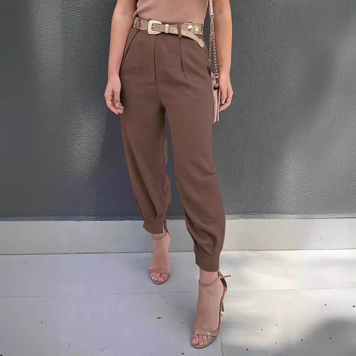 High waistband pocket casual pants 女士高腰带口袋束口休闲裤