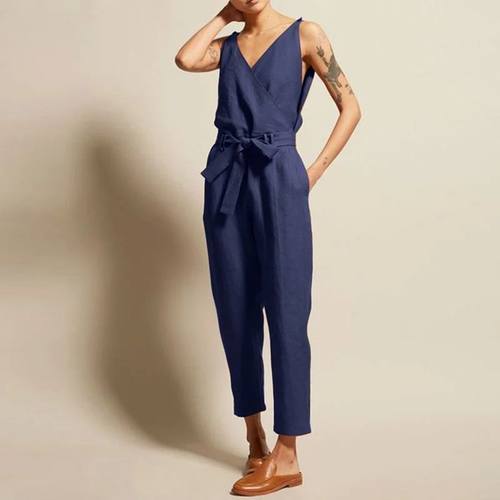 V-neck waistband casual workwear jumpsuitV领腰带休闲连体裤女