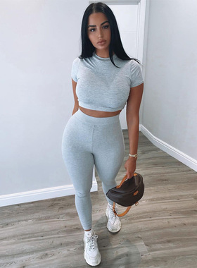 Casual Short Sleeve Crop Top Slim Fit Tracksuit修身运动套装